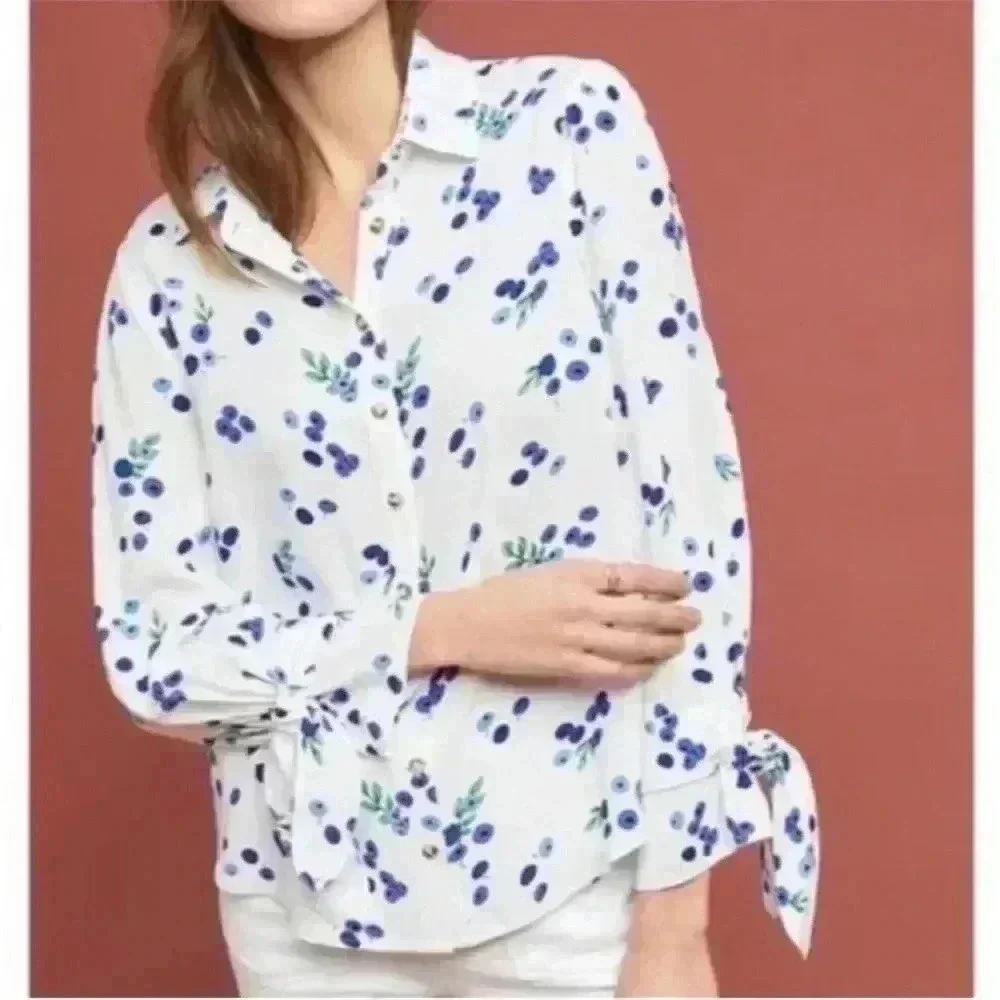 Anthropologie Maeve Novelty Print Blouse Top Fruit Blueberry Sz 4 Small - Picture 3 of 12